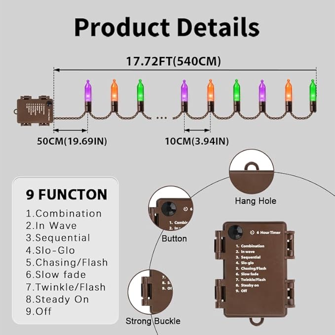 LAMPHOME 50 LED Outdoor Halloween Lights, 16 FT Mini String Light with 9 Modes & 6 Hour Timer, Waterproof Battery Operated for Indoor Outdoor Patio Garden Party Tree Decoration, Orange Purple Green