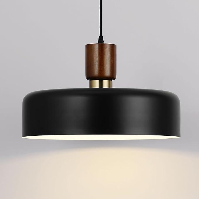 Industrial Pendant Light, Rubber Wood Dome Hanging Lamp with 15.8" Hammered Metal Shade, Black Modern Light Fixtures for Kitchen Island, Living Room,Restaurant,Farmhouse Dining Room, Bedroom, Hallway