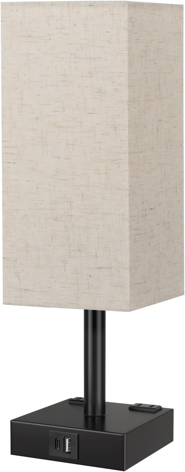 Touch Bedside Table Lamp for Nightstand - 3-Way Dimmable Night Lamp with USB A + Type C Charging Ports and Two AC Outlets, Small Desk Light with E26 LED Bulb for Bedroom Living Room Dorm, Beige