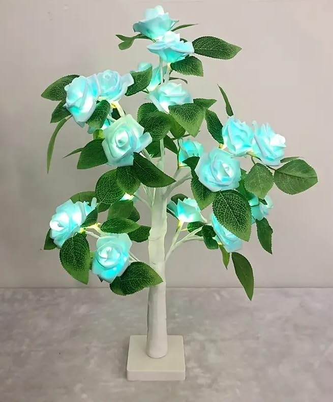 Tabletop Rose Flower Light,Mini Light up Bonsai Tree with Light Blue Rose Flower, Valentine Day Tree Lamp for Fireplace Bedroom Home Wedding Party Decor,21.6Inch