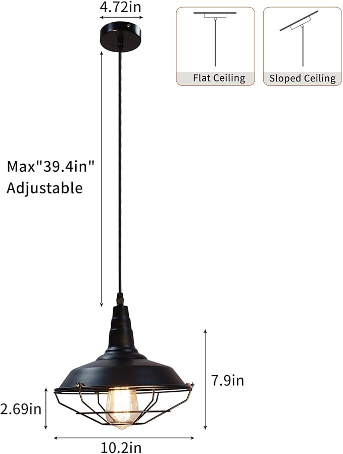 Black Pendant Light fixtures 10.5 inches 3 Packs, Matte Pendant Lights Kitchen Island, Industrial Pendant Light, Vintage Farmhouse Pendant Lights for Dinning Room Entryway Barn
