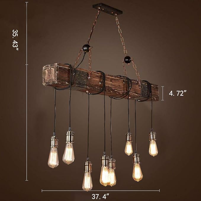 Rustic Chandeliers for Dining Room Height Adjustable Pendant Lighting 8-Light Industrial Farmhouse Chandelier 37.4" Retro Wood Island Lights for Kitchen & Pool Table