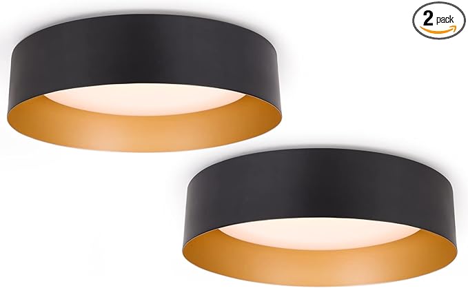Bargeni Flush Mount Ceiling Lights,12.5 inch Ceiling Light Fixture,3000K/18W, Matte Black with Champagne Gold Inside Finish,Flush Mount Light Fixture for Balcony,Outdoor,Kitchen,ETL Listed-2 Pack