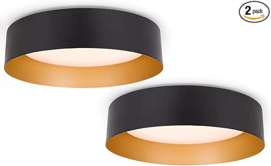 Bargeni Flush Mount Ceiling Lights,12.5 inch Ceiling Light Fixture,3000K/18W, Matte Black with Champagne Gold Inside Finish,Flush Mount Light Fixture for Balcony,Outdoor,Kitchen,ETL Listed-2 Pack