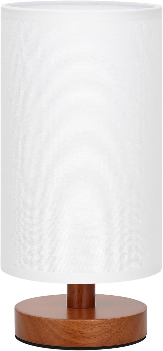 Fenmzee Small Table Lamp for Bedroom - Inline Control, Bedside Lamp with 3000K A15 LED Blub, Easy Assembly (White Shade - Walnut Base, 9" Inline Control)