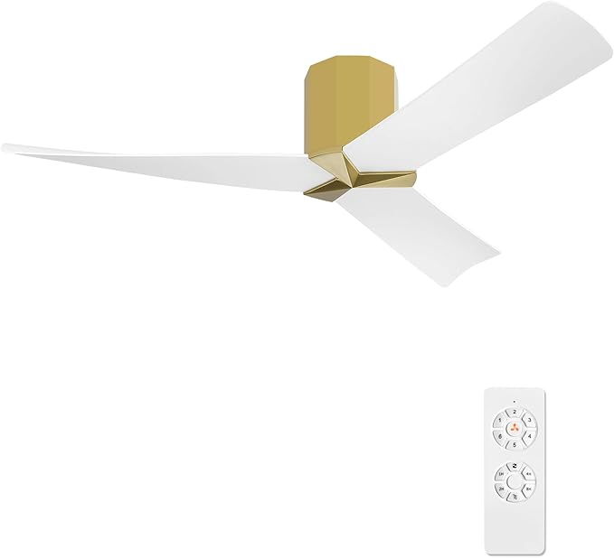 WINGBO 52" Ceiling Fan no Light - Brass and White DC Flush Mount Ceiling Fan, 3 ABS Plastic Curved Blades, 6 Speed Reversible DC Motor, Hugger Ceiling Fans No Light for Kitchen, Bedroom, Living Room