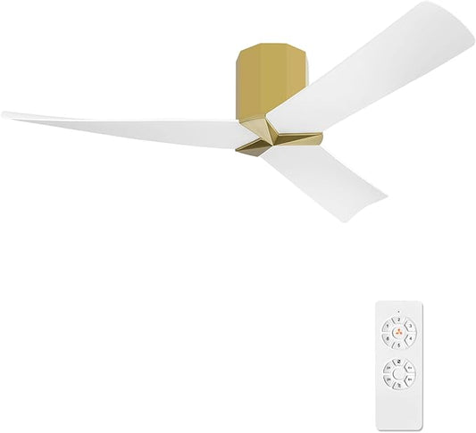 WINGBO 52" Ceiling Fan no Light - Brass and White DC Flush Mount Ceiling Fan, 3 ABS Plastic Curved Blades, 6 Speed Reversible DC Motor, Hugger Ceiling Fans No Light for Kitchen, Bedroom, Living Room