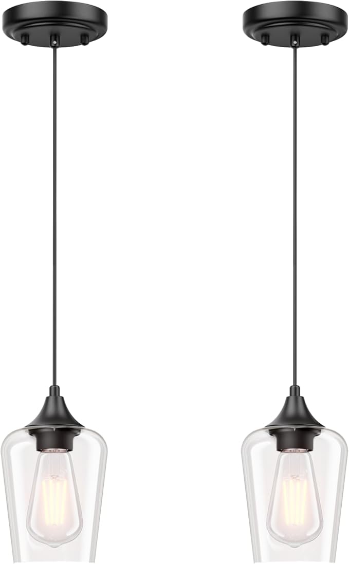 Ralbay Matte Black Industrial Pendant Light 2-Pack, Pendant Light Fixtures with Wine Clear Glass Shade, Adjustable Height for Kitchen Island, Farmhouse Dining Room Hanging Lighting Fixture