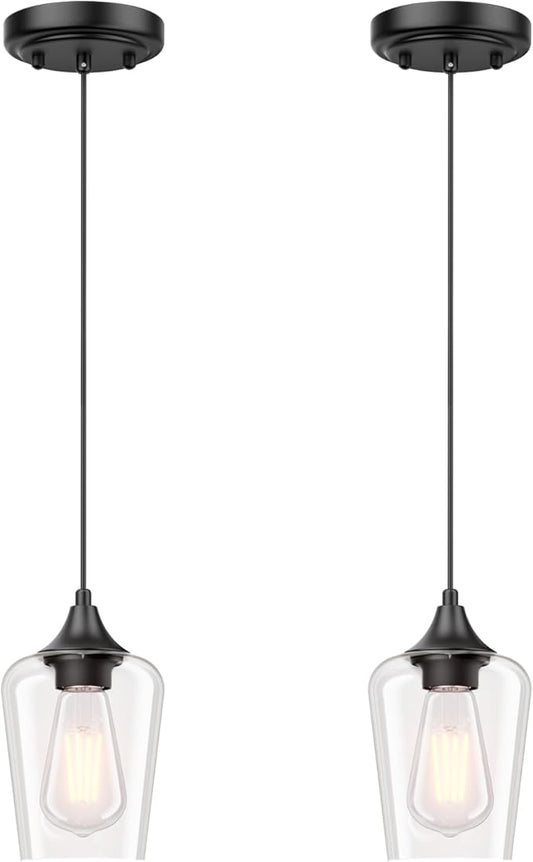 Ralbay Matte Black Industrial Pendant Light 2-Pack, Pendant Light Fixtures with Wine Clear Glass Shade, Adjustable Height for Kitchen Island, Farmhouse Dining Room Hanging Lighting Fixture