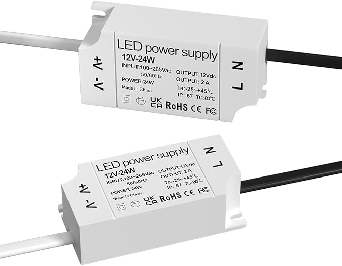 24W LED 12V Power Supply, IP67 Waterproof12 Volt LED Driver 110V AC to 12V DC Constant Voltage Converter 1.5A Transformer Adapter for LED Strip Light Indoor & Outdoor Use (2-Pack)