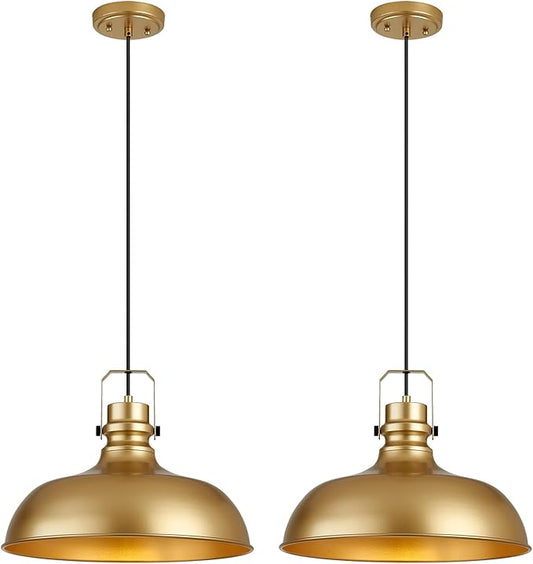 Gold Farmhouse Pendant Lights 16 Inch Matte Pendant Lighting for Kitchen Island Industrial Adjustable Height Vintage Dome Hanging Light Fixtures for Barn, Dining Room 2 Packs