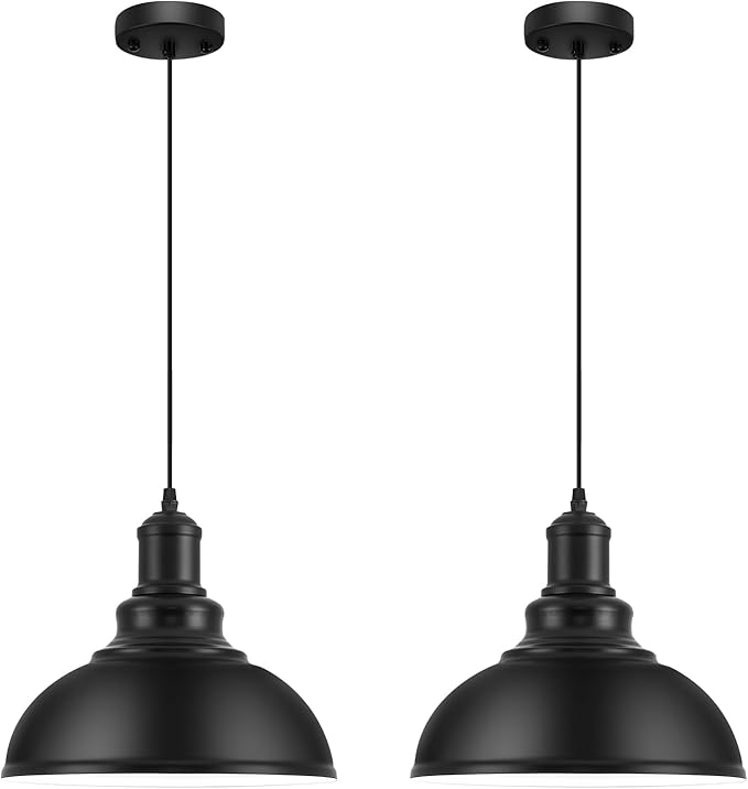 2PCS Matte Black Pendant Lights, Farmhouse Pendant Lamp with Metal Shade (White Inside), Industrial Pendant Lighting for Kitchen Island, Dining Room, Bedroom, Hallway