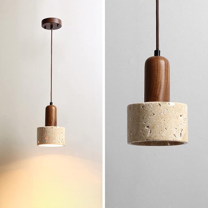 Natural Stone Shade Cylinder Pendant Light Walnut Wood Hainging Light Kit Retro Mini Pendant Lamp Nordic Pendant Lighting for Kitchen Island