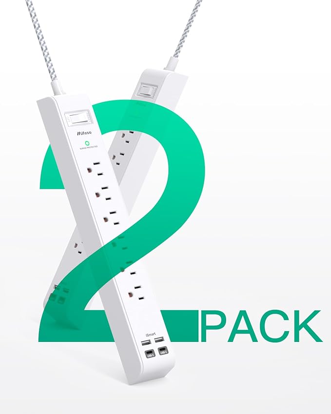 2 Pack Power Strip Surge Protector, 6 Outlets 4 USB Ports (2 USB C) 5Ft Long Extension Cords, Flat Plug Overload Protection Outlet Strip, Wall Mount for Home, Office and Dorm Essential, ETL Listed
