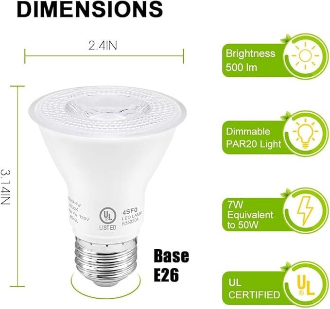 7W Par20 LED Bulb (50W Equivalent), UL Listed, 4000k Nature White Dimmable Flood Bulbs Lights, 500 Lumens, E26 Base, Recessed Lighting for Indoor Outdoor, 12 Pack