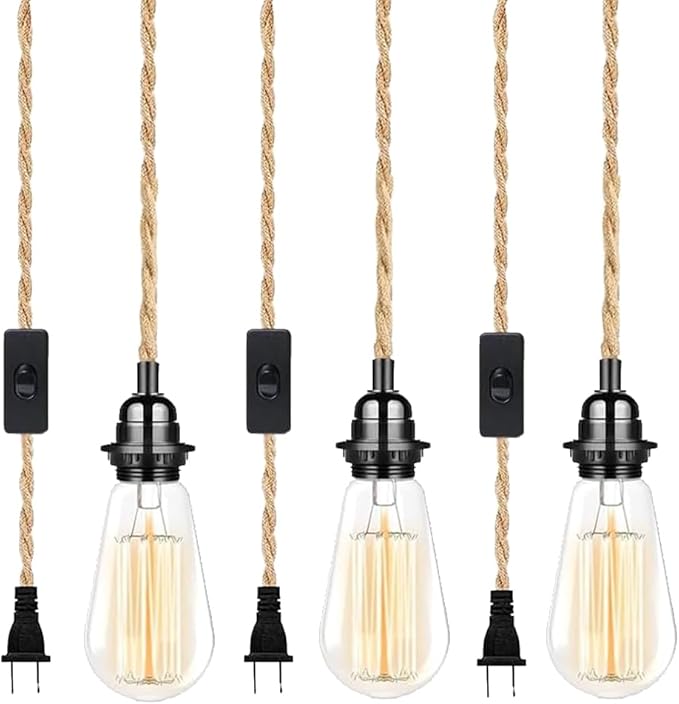Industrial 15ft Pendant Light Cord -Plug in Hanging Light Fixture, 15FT Farmhouse Pendant Lamp Lights Cord with Switch Cord for Kitchen Island Bedroom Living Room