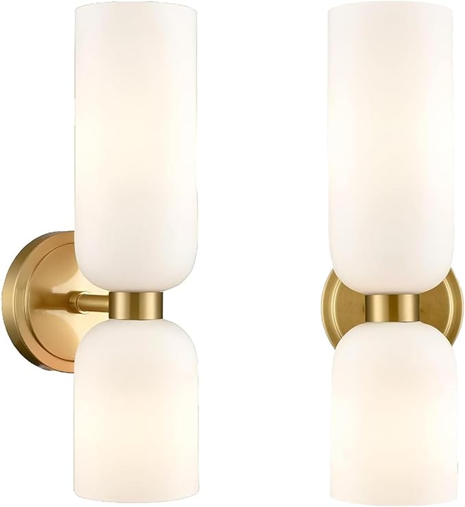 Gold Wall Sconces Mid Century Wall Light Modern Gold Wall Sconces Set of Two 2-Light Modern Wall Light Bathroom Vanity Light Milky White Glass for Bedroom Kitchen Dining Room (Gold)