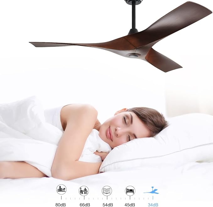 52" Ceiling Fan No Lights with Remote Control,Reversible DC Motor, 3 Walnut Wood blade Ceiling Fans without Lights for Patios Living Room,Matte Black