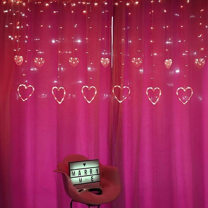 Dazzle Bright Valentines Day Lights, 138LED 9FT 12Heart Curtain String Lights with 8 Modes, Plug in Galentines Decorations for Indoor Window Outdoor Wedding Party Decor (Pink)