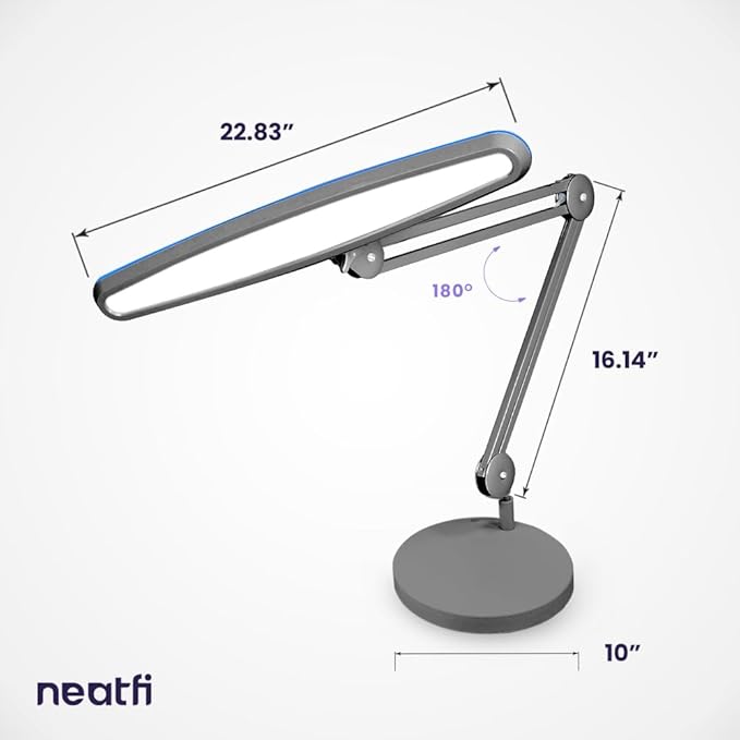 Neatfi XL 2,200 Lumens LED Task Lamp, 24W, 117 Pcs SMD LED, 23 Inches Ultra Wide Lamp, 4 Level Brightness Dimmable, Eye-Caring Light, Glare Free (Non-CCT with Base, Silver)
