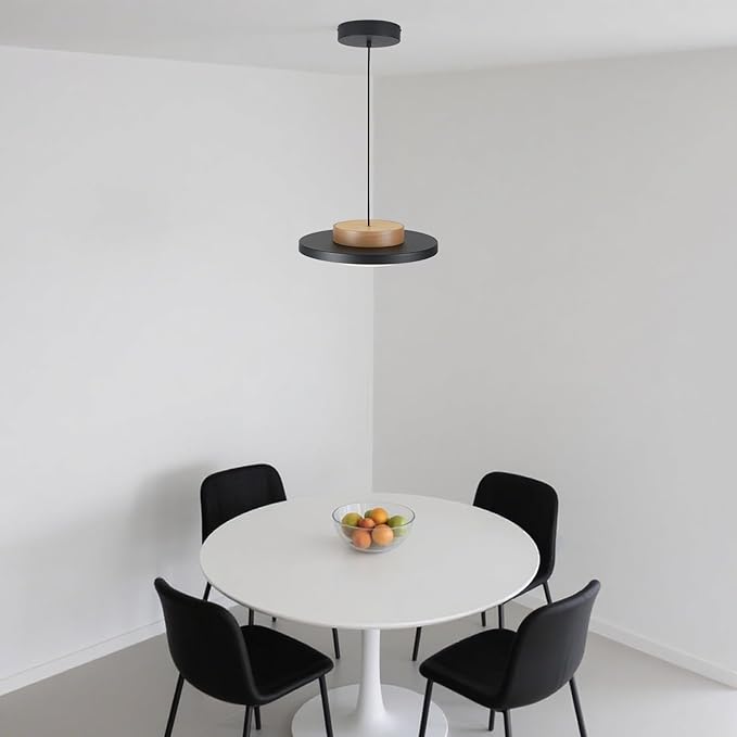 Dimmable Pendant Lights,15 inch,Real Wood Cap,3000K/Warm White/22W,LED Pendant Light Fixtures for Kitchen, Dining Room, Living Room,Black
