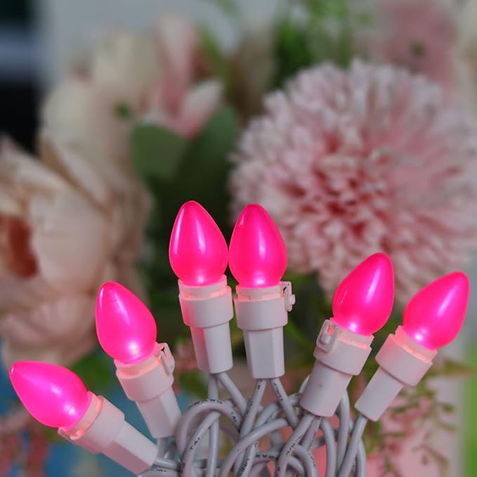 Christmas Pink Mini String Lights-50 Count 13 Feet Detachable LED Glass C3 Bulb Waterproof Fairy Lights Plug in for Indoor Outdoor Party Patio Xmas Tree Valentine’s Day White Wire