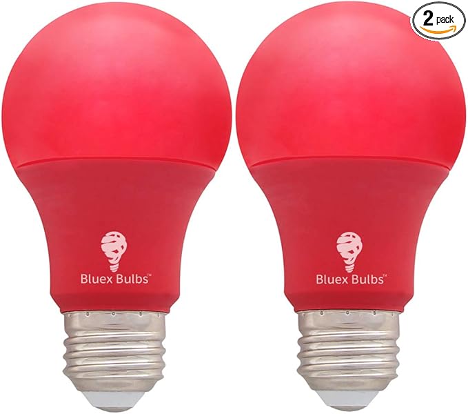 Bluex Bulbs 2 Pack Bluex LED A19 Red Light Bulb - 9W (60Watt Equivalent) - E26 Base Red LED Lights, Party Decoration, Porch, Home Lighting, Holiday Lighting, Decorative Illumination