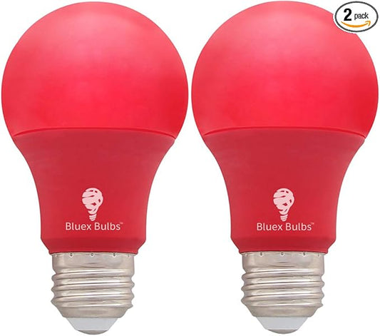 Bluex Bulbs 2 Pack Bluex LED A19 Red Light Bulb - 9W (60Watt Equivalent) - E26 Base Red LED Lights, Party Decoration, Porch, Home Lighting, Holiday Lighting, Decorative Illumination