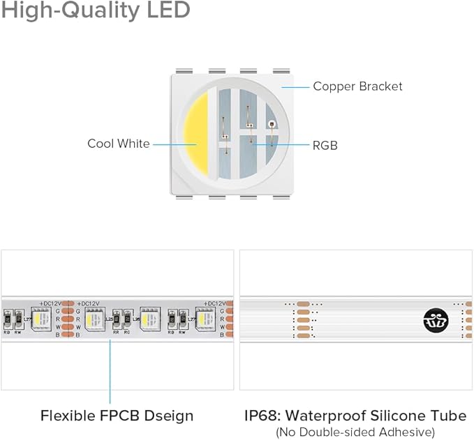 BTF-LIGHTING IP68 Waterproof Outdoor RGBW LED Strip 5050SMD RGB+Cool White(6000K-7000K) 4 Color in 1 DC12V 5m 16.4ft 60LED/m Multi-Colored Light White PCB Can Work Outdoor(No Adapter or Controller)