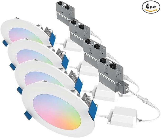 HALO HLB4069WZRGBWMWR 4” Smart Wi-Fi Slim Canless LED Downlight Powered by WiZ Pro, Dimmable Full Color with Smart Home Integration| (Pack of 4)