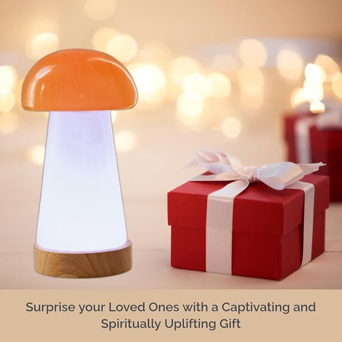 Wish Well Mushroom Selenite Lamp with 7 Color LED Wooden Base - 6” Mushroom Selenite Tower Healing Crystals for Zen Decor, Spiritual Room Decor, Energy Healing, and Protection Crystals