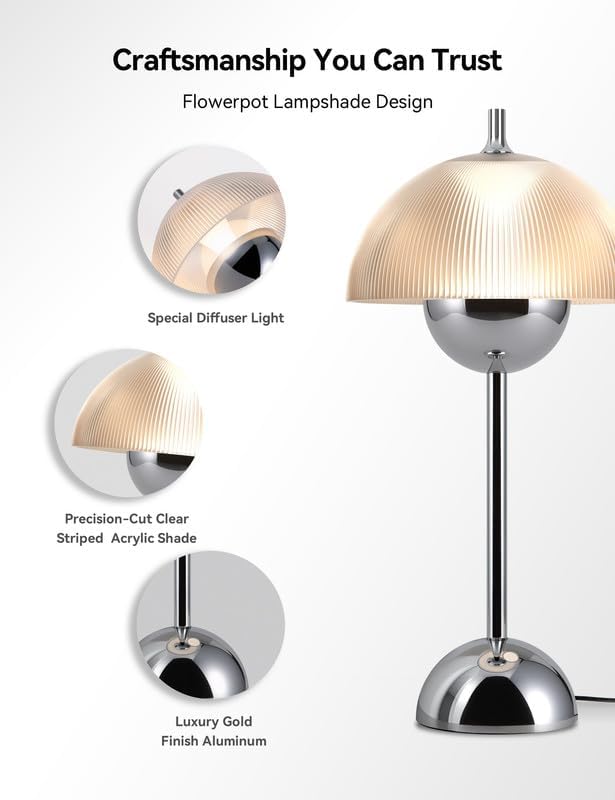 Tubicen Flowerpot Chrome Bedside Table Lamp Plug In Decor Transparent Striped Mushroom Table Lamp Memory Function Modern LED 4-Stage Touch Dimmable Desk Table Lamps for NightStands Bedroom Home Office