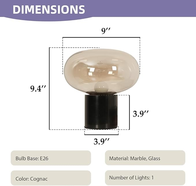 Meefad Glass Table Lamp, Mushroom Shape Bedside Lamp with Marble Base, Small Night Light for Bedroom Office Nightstand Cognac Finish