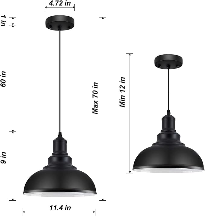 2PCS Pendant Lighting, Vintage Industrial Fixtures, Black Metal Chandelier Lights, Ceiling Lamp for Kitchen Home Island Dining Room Bedroom, 11.4 inches