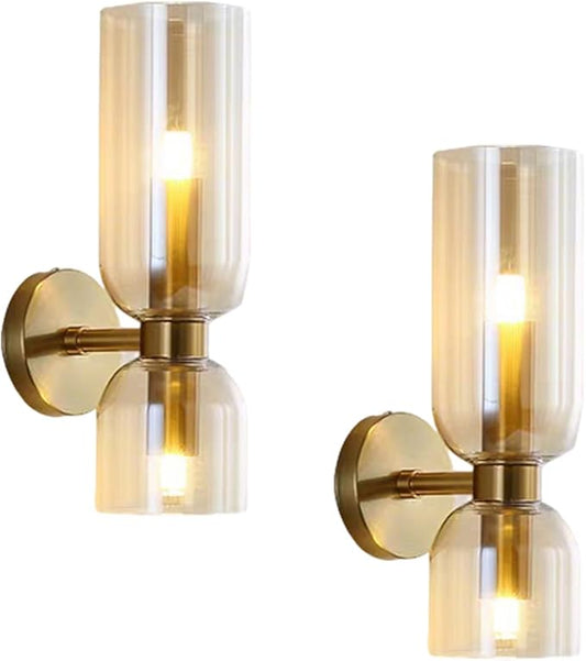 Sconces Wall Lighting Gold Wall Sconce Set of Two 2-Light Vintage Bathroom Vanity Light with Amber Shade Satin Brass Finish for Living Room Corridor (Gold+Amber)