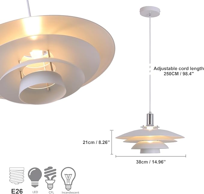 Mid Century Modern Pendant Light, 15" Nordic Hanging Ceiling Light Fixture with 4-Tier Metal Shade, E26 Base, Vintage Pendant Lamp for Kitchen Island, Dining Room White