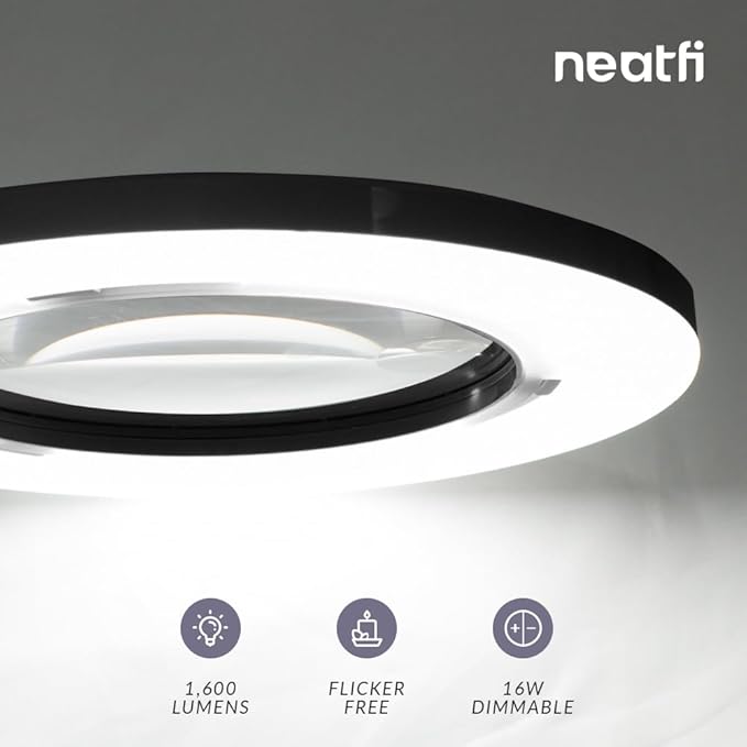 Neatfi XL Bifocal LED Magnifying Lamp – 7-Inch Acrylic Lens, 2.25x & 6X Magnification, 1,600 Lumens, Dimmable LED, Adjustable Arm, Hands-Free Close Work (Black, with Base)