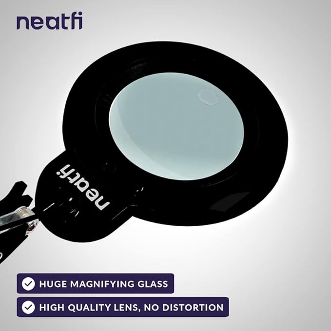 Neatfi XL Bifocal LED Magnifying Lamp – 7-Inch Acrylic Lens, 2.25x & 6X Magnification, 1,600 Lumens, Dimmable LED, Adjustable Arm, Hands-Free Close Work (Black, with Clamp)