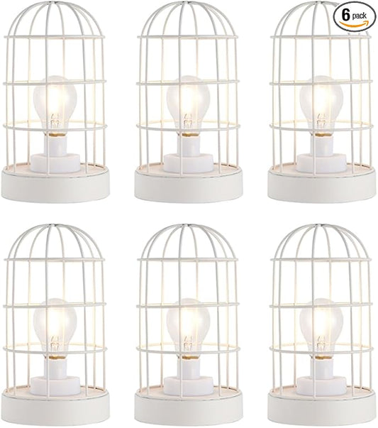 JHY DESIGN 6PCS Battery Operated Lamp 10''H Decorative Table Lamp Metal Cage Cordless Lamps with LED Bulb for Home Decor Living Room Bedroom Kitchen Wedding Patio Indoor（White）