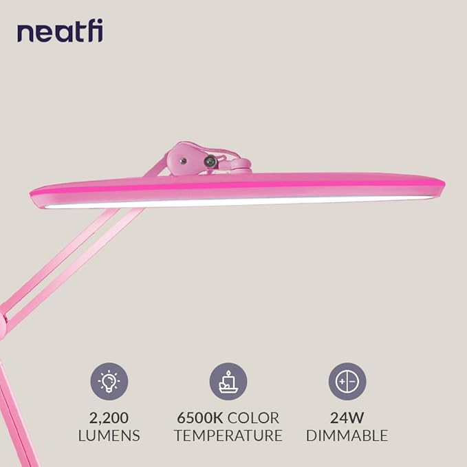 Neatfi XL LED Desk Lamp with Clamp – 2,200 Lumens, 23” Wide, Dimmable Task Light for Office, Study, Crafting & Nail Techs (Non-CCT with Clamp, Pink)