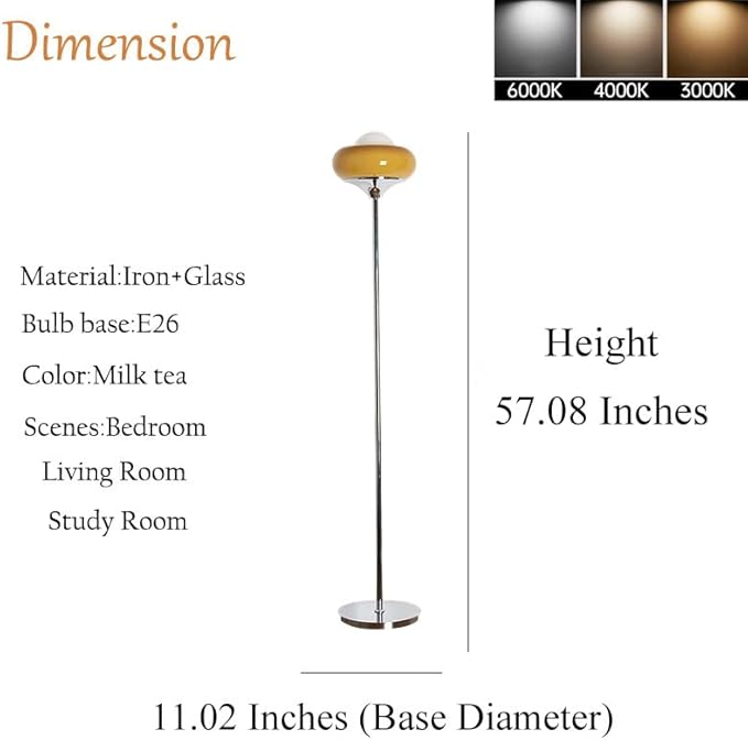 Mid-Century Modern Orange Floor Lamp,Bauhaus Style Mushroom Lamp for Reading,Tall Standing Lamp with Glass Lampshade for Living Room Bedroom and Office