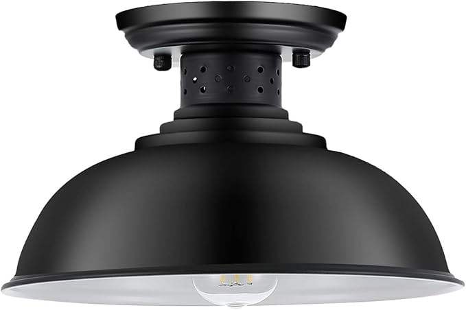Industrial Semi Flush Mount Ceiling Light, Matte Black Farmhouse Light Fixture for Kitchen Island Dining Room Foyer Hallway Porch Barn Loft, Black, 13in