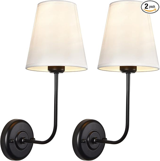 TERLEENART Hardwired Wall Sconce Set of 2 with Flared Shape White Textile Shade Curved Arm and Black Finish Metal Base,Perfect for Bedroom Living Room Bathroom Vanity Area