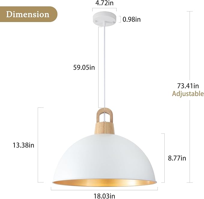 Generies 18'' White Pendant Light Modern Large Farmhouse Pendant Lighting Fixtures Industrial Rustic Dome Chandelier for Kitchen Island Farmhouse Dining Living Room