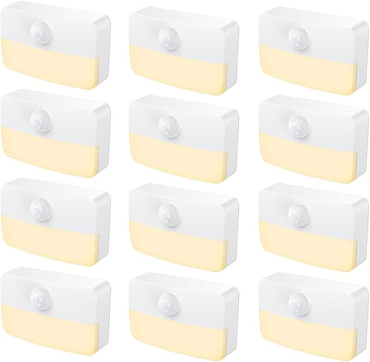 12 Pack Motion Sensor Night Light, Stick-On Motion Sensor Lights Indoor, Battery Powered Under Cabinet Kitchen Lights with Adhesive Pads, Auto/On/Off for Cupboard Wardrobe Stair Kitchen- Warm White