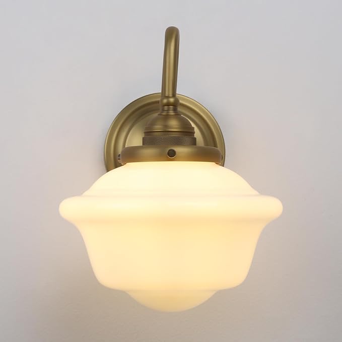 Pathson Vintage Wall Sconce with Milk White Glass, Hardwired Gooseneck Wall Vanity Light Bathroom Sconce Fixture for Living Room, Foyer, Loft, Bedroom, Farmhouse Lamp