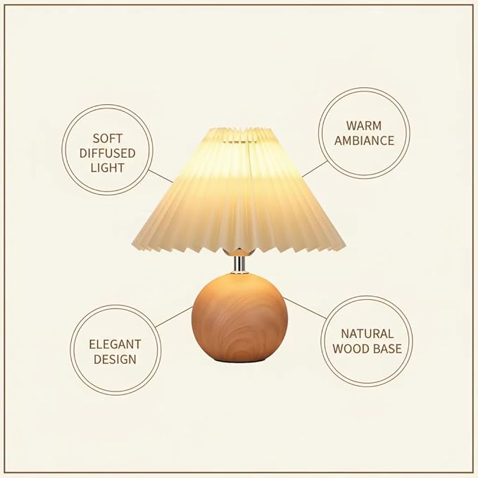 Bedside Night Table Lamp for Bedroom Adjustable Brightness Minimalist Bedside Lamp with Pleated Lampshade Small Night Light for Kids Room, Living Room, College Dorm, Home Bar