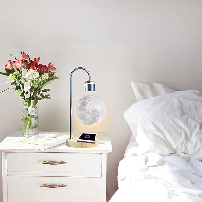Unique Modern Levitating Lamp with Floating Light and Built-in Qi Wireless Charger, Simplistic and Innovative Design, Warm Decorative Night Light (Silver Moon)
