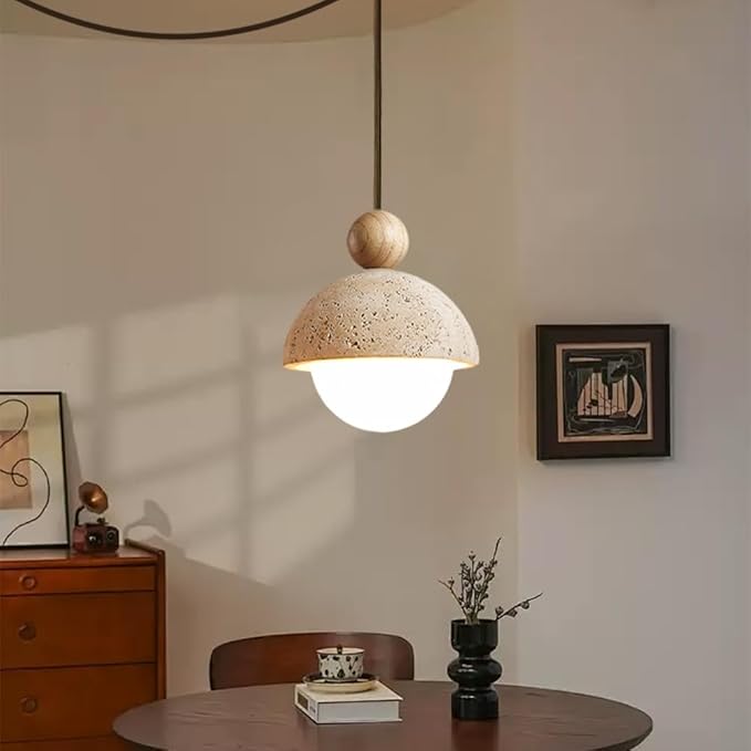 Plug In Wabi Sabi Pendant Light Japanese Retro Vintage Style Spherical Natural Stone Yellow Travertine Hanging Lamp Plug In For Girl's Room Kitchen Island Dining Room Bedroom G9 Light Mini Cement