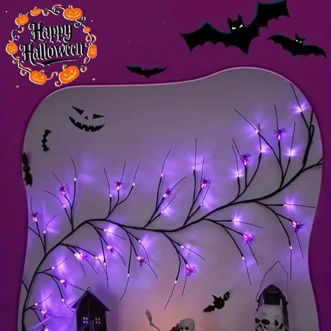 6FT Halloween Spider LED Willow Branch Lights, Artificial Willow Vine Light with 8 Lighting Modes, 18 Purple Spider Battery Operated for Mantle Wall Fireplace Decorations